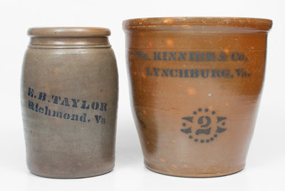 Lot of Two: Donaghho Stoneware Jars with Richmond, VA and Lynchburg, VA Stenciled Advertising