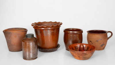 Lot of Six: Central PA Redware Flowerpots, Jars, and Food Mold