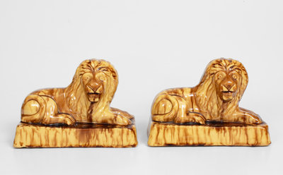 Pair of Yellowware Lion Figures, probably English, 19th century