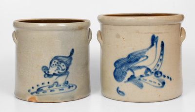 Lot of Two: New York State Pecking Chicken and Bird Decorated Stoneware Crocks
