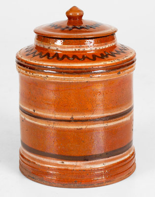 Rare and Fine Lidded Redware Tea Canister w/ Two-Color Slip Decoration, probably Pennsylvania