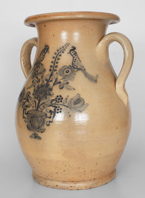 Large-Sized Stoneware Urn w/ Incised Bird and Floral Decoration