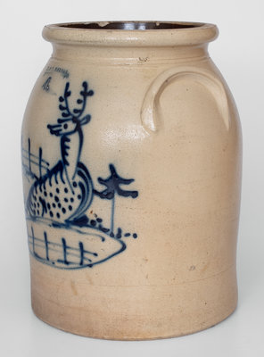 Fine 4 Gal. J. & E. NORTON / BENNINGTON, VT Stoneware Jar w/ Elaborate Reclining Deer Decoration