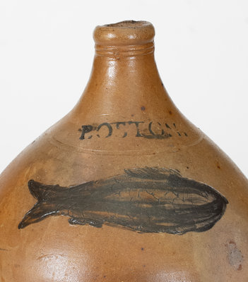 Very Fine BOSTON Stoneware Jug w/ Impressed Fish Design, Jonathan Fenton, late 18th century