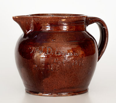 Extremely Rare James C. Mackley, Mechanicstown, MD, 1876 Redware Presentation Pitcher: Hot Whiskey Punch