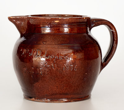 Extremely Rare James C. Mackley, Mechanicstown, MD, 1876 Redware Presentation Pitcher: 