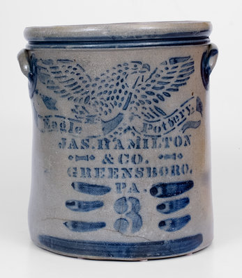 Fine JAS. HAMILTON & CO. / GREENSBORO, PA Stoneware Crock w/ Stenciled Eagle