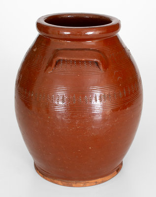 Unusual New England Redware Jar w/ Elaborate Incised Decoration