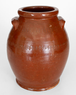 Unusual New England Redware Jar w/ Elaborate Incised Decoration