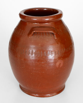 Unusual New England Redware Jar w/ Elaborate Incised Decoration