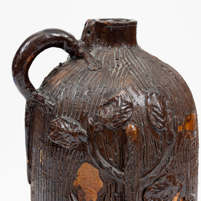 Rare Midwestern Stoneware Jug w/ Lizard Handle and Applied Foliate Decoration, c1885