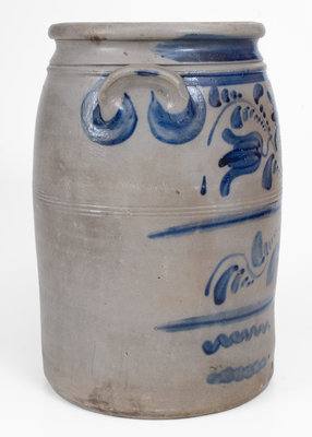 Fine 3 Gal. Western PA Stoneware Jar w/ Elaborate Freehand Floral and Vine Decoration