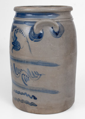 Fine 3 Gal. Western PA Stoneware Jar w/ Elaborate Freehand Floral and Vine Decoration