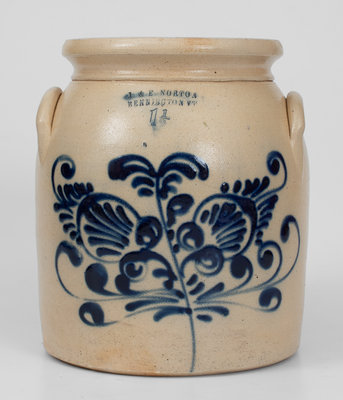 J. & E. NORTON / BENNINGTON, VT Stoneware Jar w/ Slip-Trailed Floral Decoration