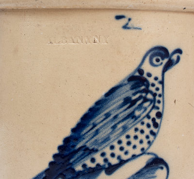 Fine ALBANY, NY Stoneware Crock w/ Elaborate Bird Decoration, c1860