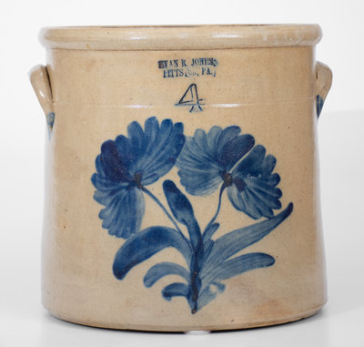 Fine 4 Gal. EVAN R. JONES / PITTSTON, PA Stoneware Crock w/ Bold Floral Decoration