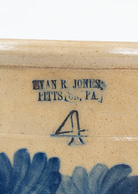 Fine 4 Gal. EVAN R. JONES / PITTSTON, PA Stoneware Crock w/ Bold Floral Decoration