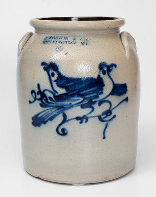 2 Gal. J. NORTON & CO. / BENNINGTON, VT Stoneware Jar w/ Double Bird Decoration