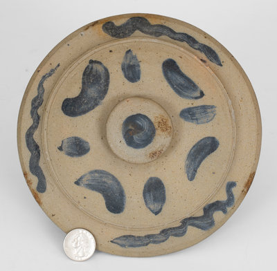 Small Domed Ohio Stoneware Lid with Cobalt Decoration
