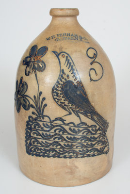 Three-Gallon W.H. FARRAR & Co. / GEDDES, N.Y. Stoneware Jug w/ Elaborate Bird and Floral Motif