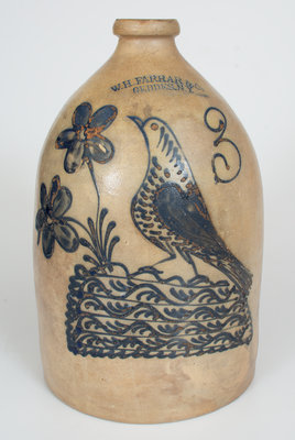 Three-Gallon W.H. FARRAR & Co. / GEDDES, N.Y. Stoneware Jug w/ Elaborate Bird and Floral Motif