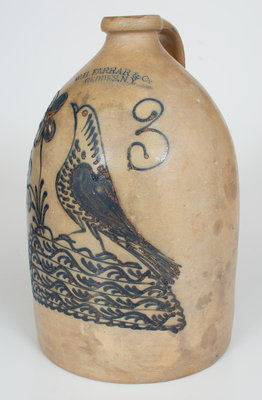 Three-Gallon W.H. FARRAR & Co. / GEDDES, N.Y. Stoneware Jug w/ Elaborate Bird and Floral Motif