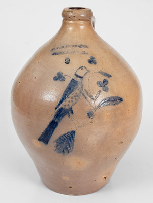 Very Rare R THOMPSON & Co. / GARDINER, Maine Stoneware Jug w/ Incised Bird and Floral Decoration, c1840