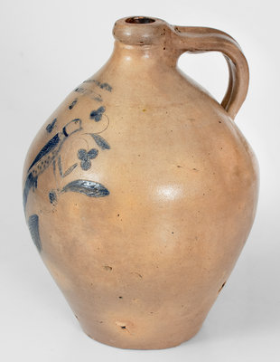 Very Rare R THOMPSON & Co. / GARDINER, Maine Stoneware Jug w/ Incised Bird and Floral Decoration, c1840