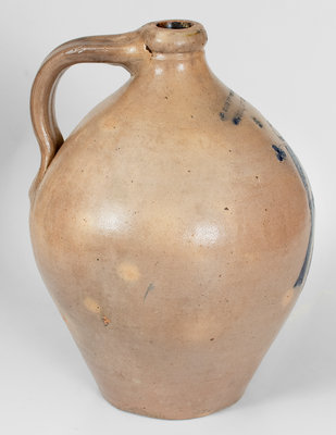 Very Rare R THOMPSON & Co. / GARDINER, Maine Stoneware Jug w/ Incised Bird and Floral Decoration, c1840