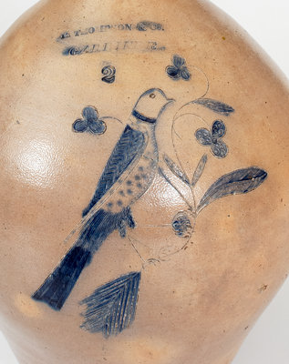 Very Rare R THOMPSON & Co. / GARDINER, Maine Stoneware Jug w/ Incised Bird and Floral Decoration, c1840