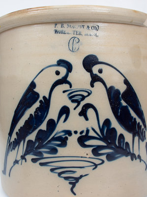 Outstanding 6 Gal. F. B. NORTON & CO. / WORCESTER, MASS. Stoneware Crock w/ Double Parrot Design