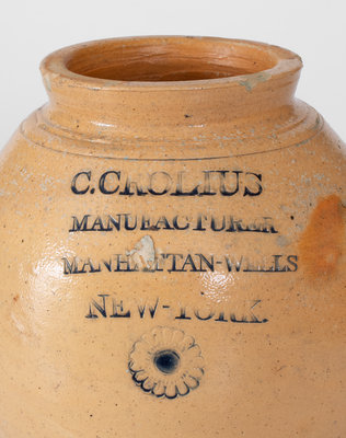 Rare C. CROLIUS / MANUFACTURER / MANHATTAN-WELLS / NEW-YORK Stoneware Jar w/ Impressed Floral Motifs