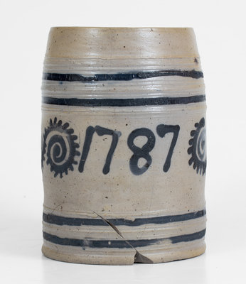 Exceedingly Rare and Important 1787 Watchspring-Decorated Mug, attrib. Abraham Mead, Greenwich, CT