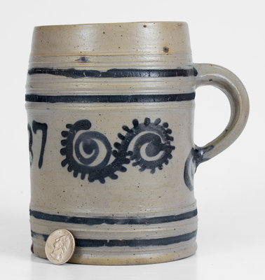 Exceedingly Rare and Important 1787 Watchspring-Decorated Mug, attrib. Abraham Mead, Greenwich, CT
