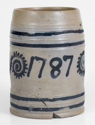 Exceedingly Rare and Important 1787 Watchspring-Decorated Mug, attrib. Abraham Mead, Greenwich, CT