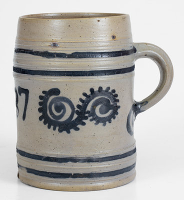 Exceedingly Rare and Important 1787 Watchspring-Decorated Mug, attrib. Abraham Mead, Greenwich, CT