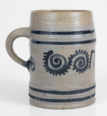 Exceedingly Rare and Important 1787 Watchspring-Decorated Mug, attrib. Abraham Mead, Greenwich, CT