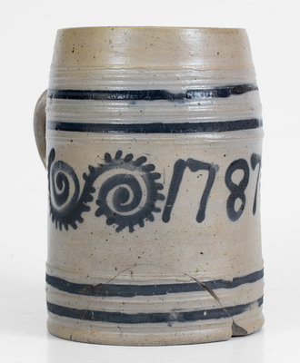 Exceedingly Rare and Important 1787 Watchspring-Decorated Mug, attrib. Abraham Mead, Greenwich, CT