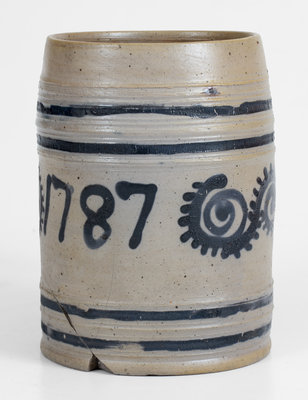 Exceedingly Rare and Important 1787 Watchspring-Decorated Mug, attrib. Abraham Mead, Greenwich, CT