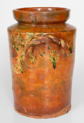 Rare Copper-Decorated Redware Jar w/ Rope-Twist Handles, attrib. Nathaniel Seymour, West Hartford, CT