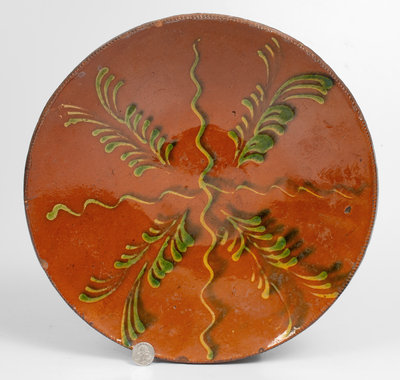 Rare Norwalk Redware Charger w/ Copper Slip Decoration, probably Absalom Day, CT