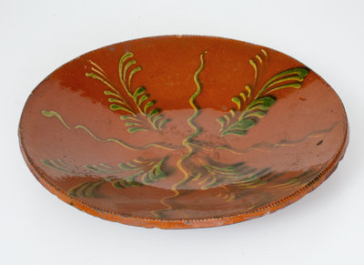 Rare Norwalk Redware Charger w/ Copper Slip Decoration, probably Absalom Day, CT