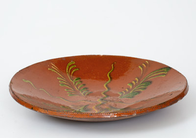 Rare Norwalk Redware Charger w/ Copper Slip Decoration, probably Absalom Day, CT