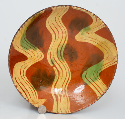 18th Century Philadelphia Redware Plate w/ Profuse Yellow and Copper Slip Decoration