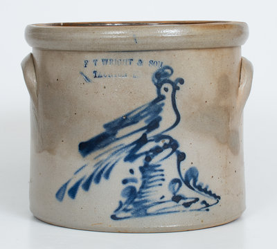 Scarce F. T. WRIGHT & SON / TAUNTON, MASS. Stoneware Crock w/ Bird-on-Stump Decoration