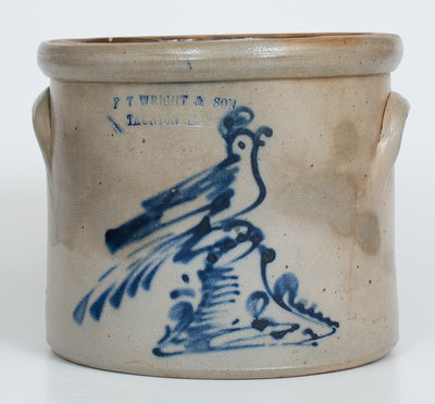 Scarce F. T. WRIGHT & SON / TAUNTON, MASS. Stoneware Crock w/ Bird-on-Stump Decoration