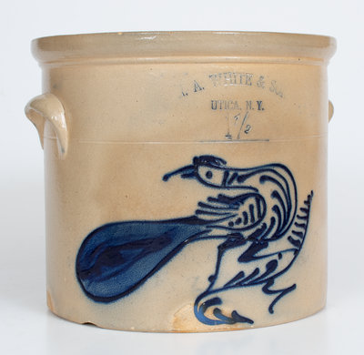 Rare N. A. WHITE & SON / UTICA, NY Stoneware Crock w/ Elaborate Paddletail Bird Decoration