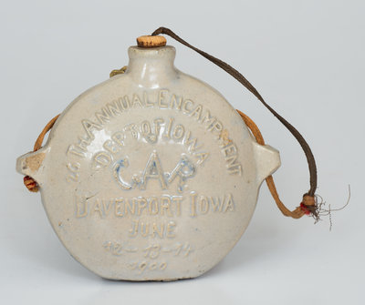 Unusual GAR Souvenir Stoneware Canteen, HINRICHS CROCKERY CO. / DAVENPORT, IOWA