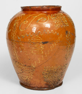 Extremely Rare 18th Century Bristol County, MA Large-Sized Redware Jar w/ Profuse Yellow Slip Decoration