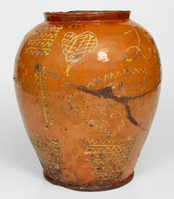 Extremely Rare 18th Century Bristol County, MA Large-Sized Redware Jar w/ Profuse Yellow Slip Decoration